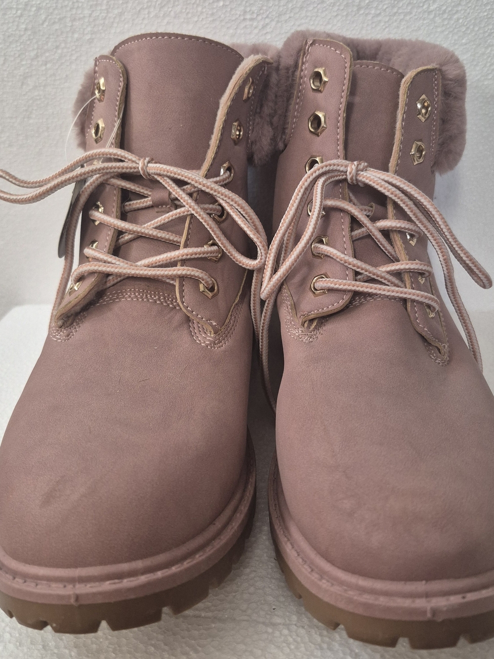 Streetwear Society Blush Pink Faux-Fur Lace-Up Ankle Boots Fall/Sping - Picture 3 of 9